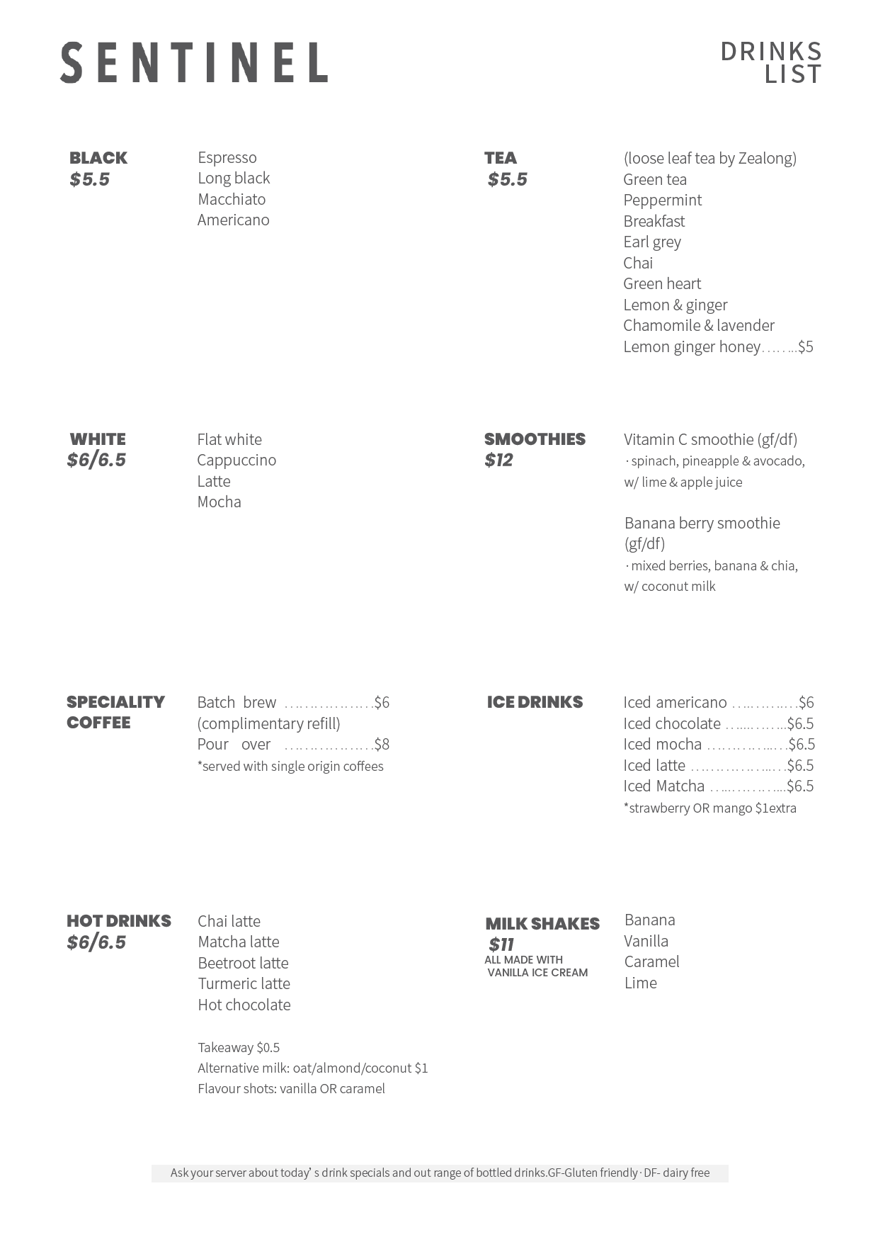 Sentinel Cafe and Meeting Rooms Drinks Menu