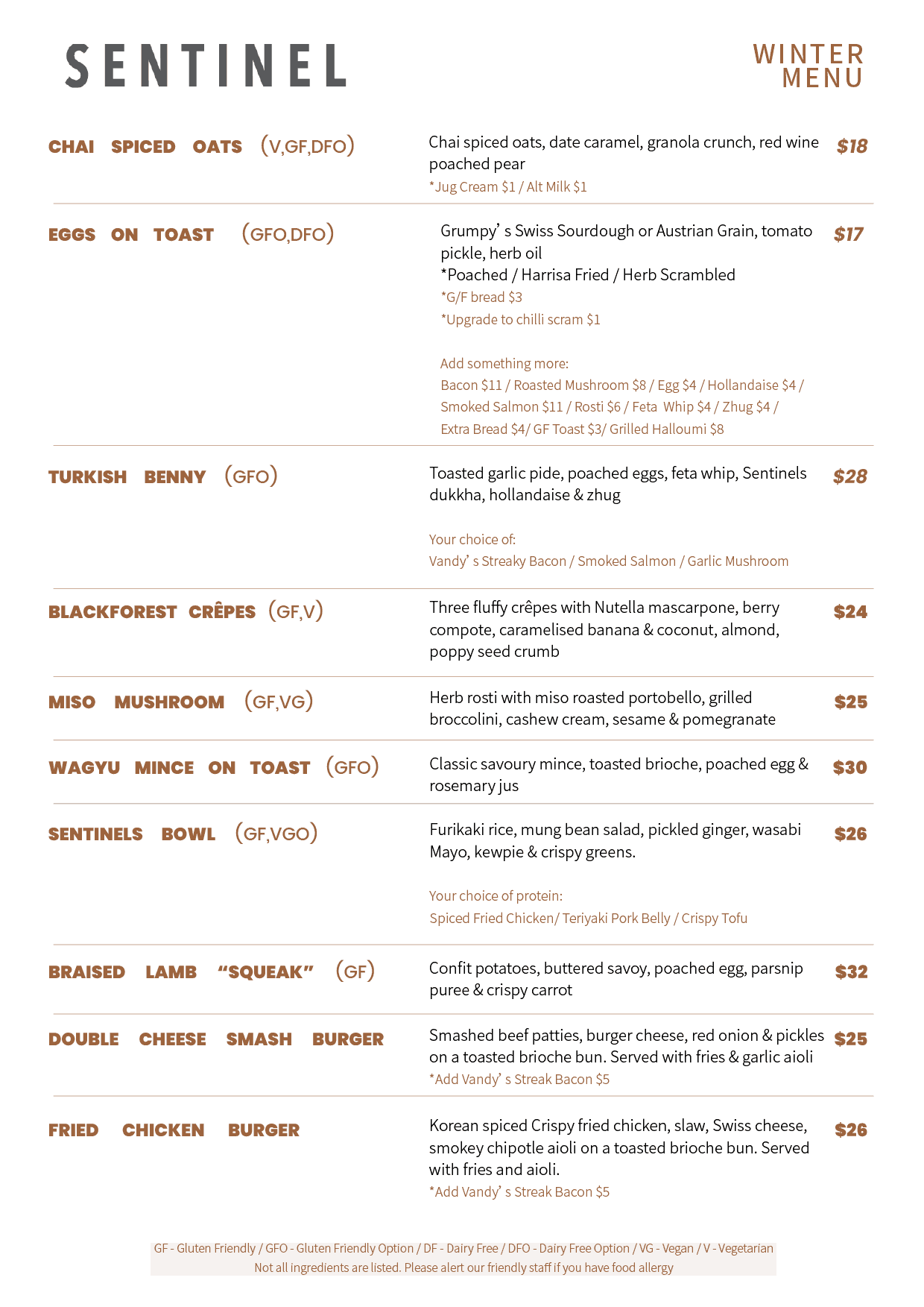 Sentinel Cafe and Meeting Rooms Winter Menu