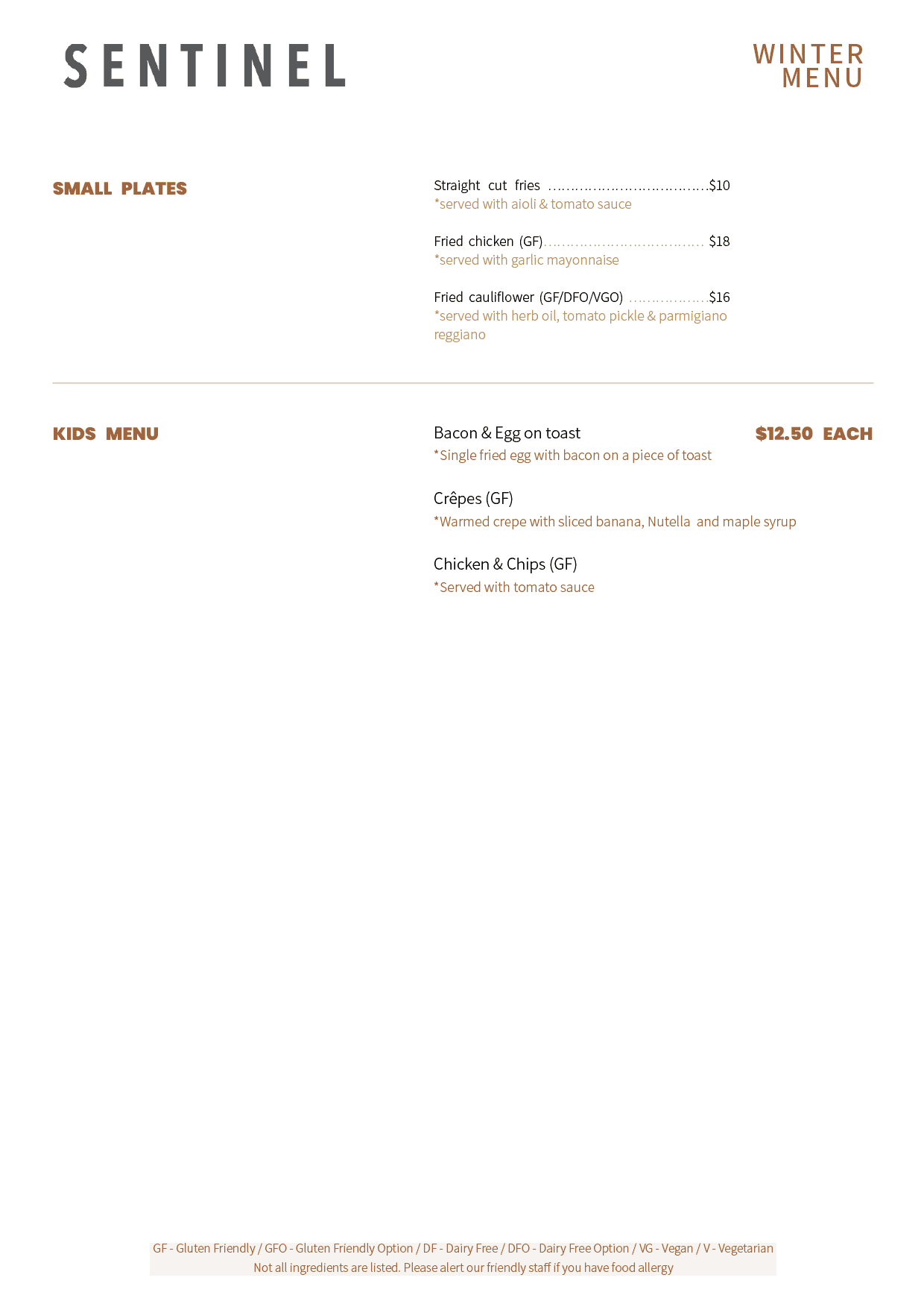 Sentinel Cafe and Meeting Rooms Winter Menu