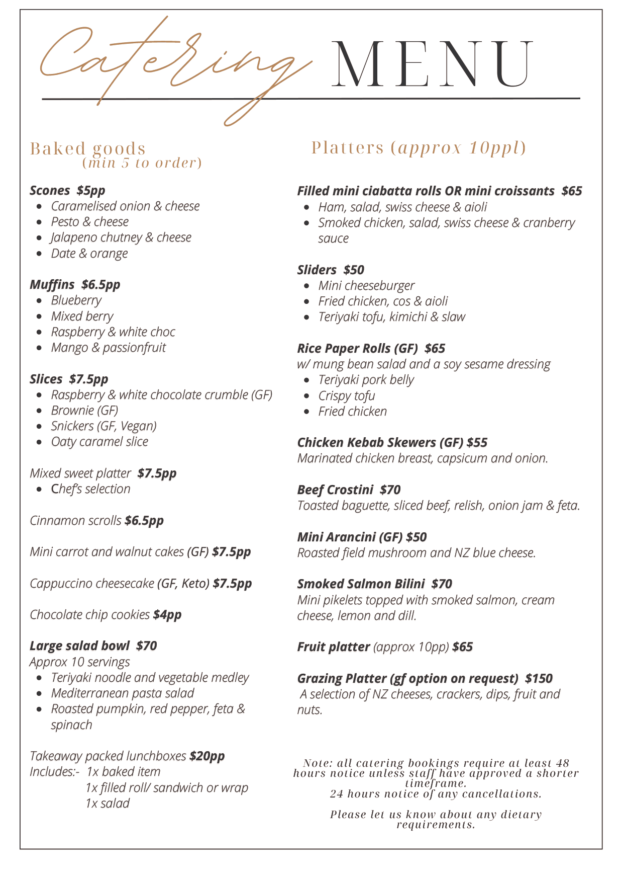Sentinel Cafe and Meeting Rooms Catering Menu
