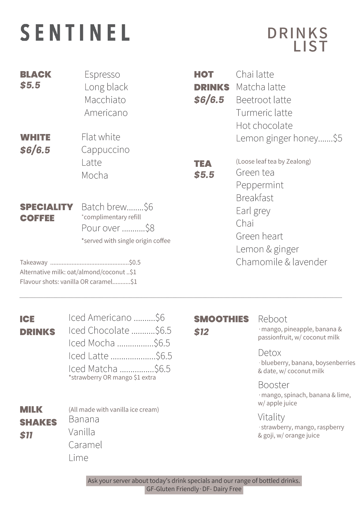 Sentinel Cafe and Meeting Rooms Drinks Menu