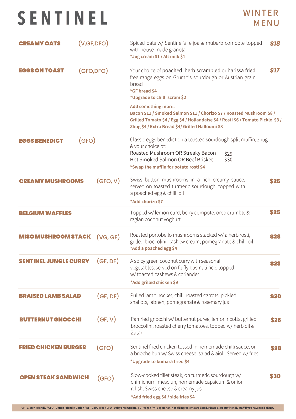 Sentinel Cafe and Meeting Rooms Winter Menu