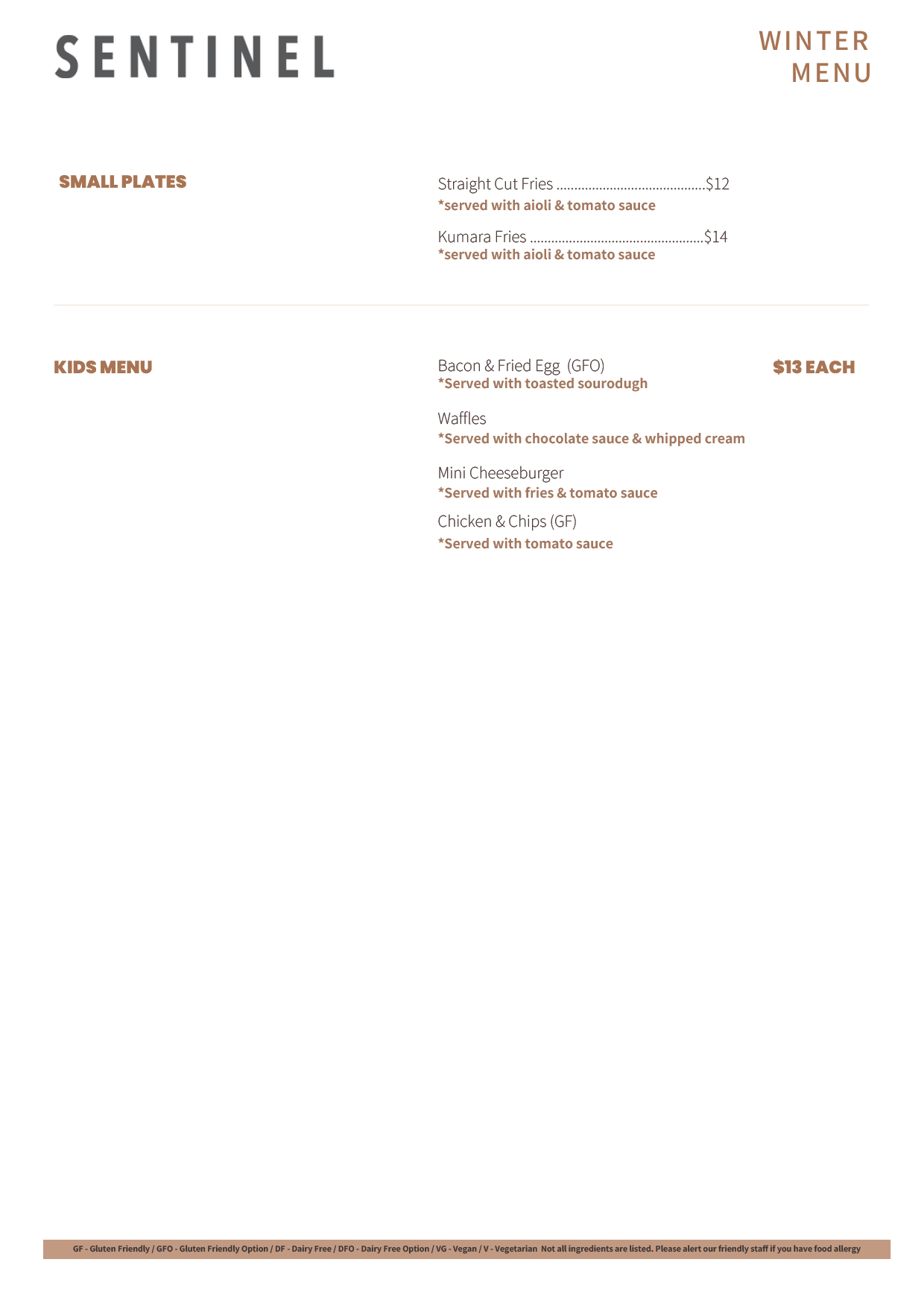 Sentinel Cafe and Meeting Rooms Winter Menu